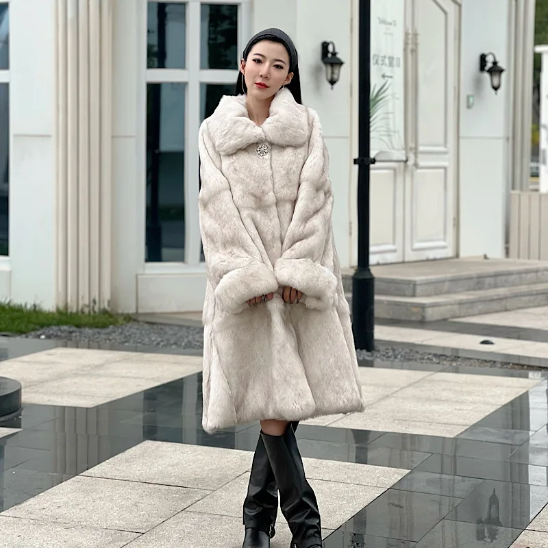 2024 New Whole Skin Fur Rabbit Hair Fashionable Contrast Lapel Young Medium And Fur Coat Lady Woman Winter