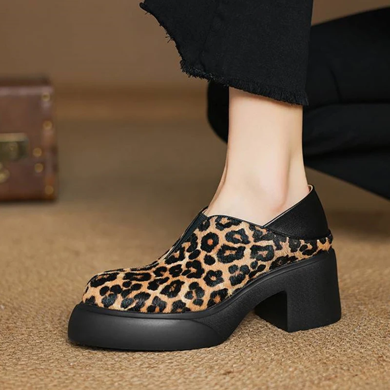 

2025 New Fashion Leopard Print Horsehair Platform Loafers Woman Shoes High Heel Women Pumps Shoes for Women Casual TE02