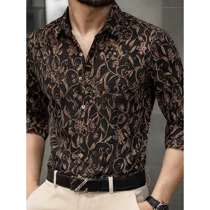Nuova camicia classica a maniche lunghe a quadretti a righe da uomo, maglietta classica rossa casual con fiori alla moda