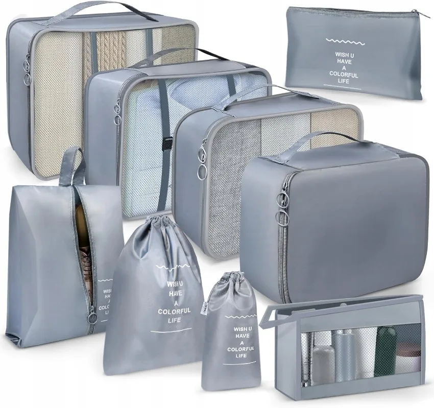 9er-Pack Mesh-Reiseorganizer-Taschen Grau Polyester Kleidersortierer Gepäckzubehör