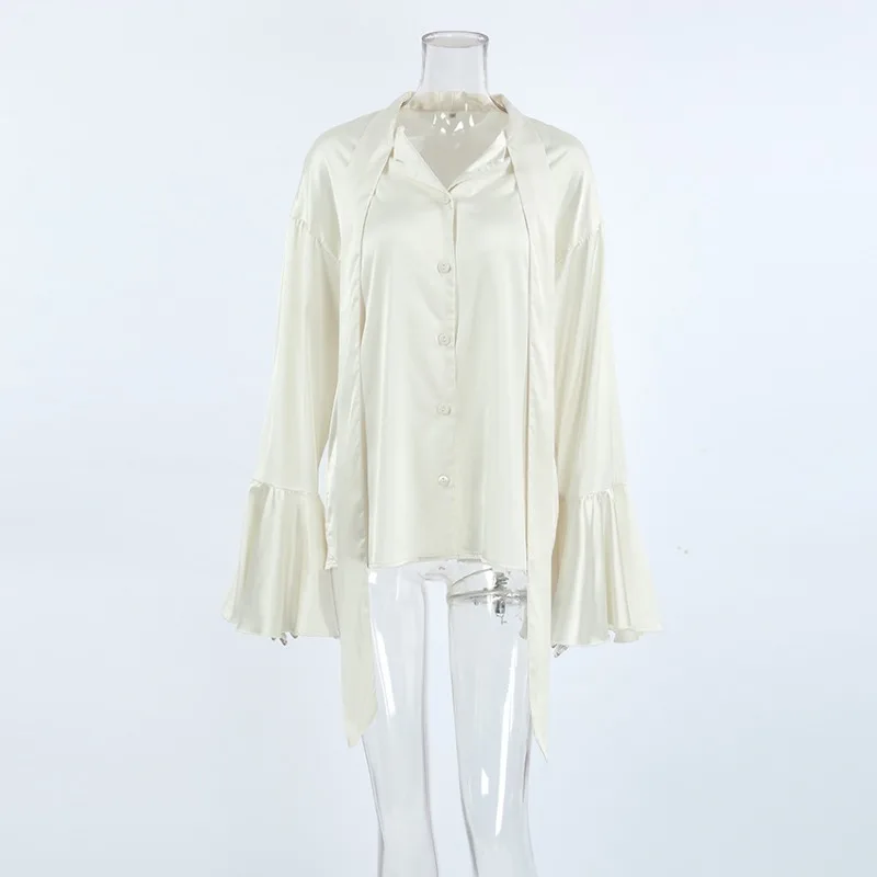 2025 primavera moda nova camisa serpentina bege médio e longo roupas femininas cetim topo feminino 1212