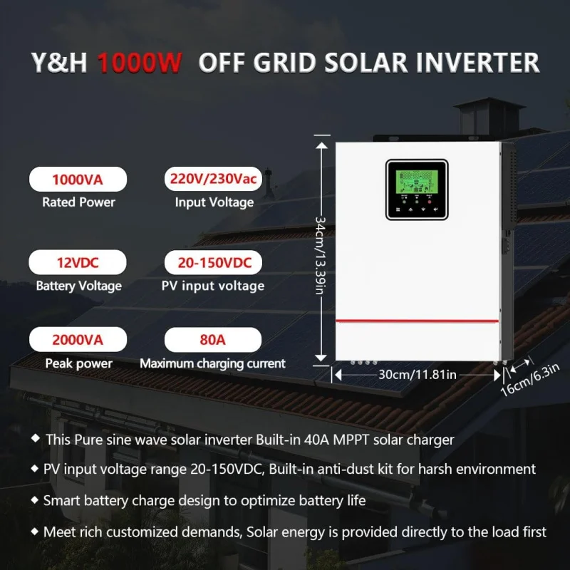 1000W Solar Hybrid Inverter DC12V to AC230V, Off-Grid Pure Sine Wave Inverter with 40A MPPT