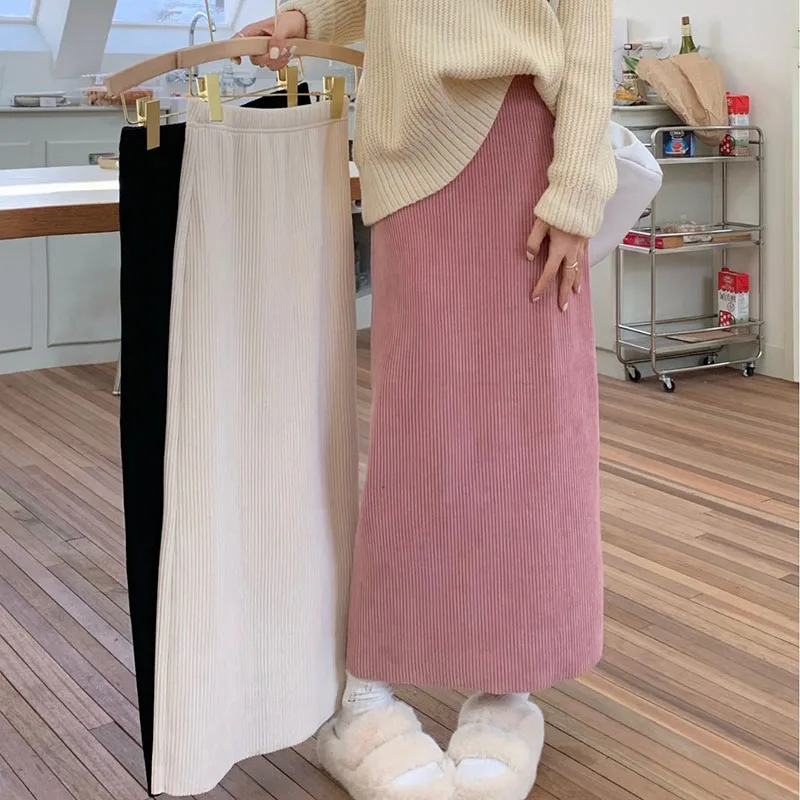 New autumn and winter corduroy skirt new loose large size high waist thin A word sweet pink long skirts