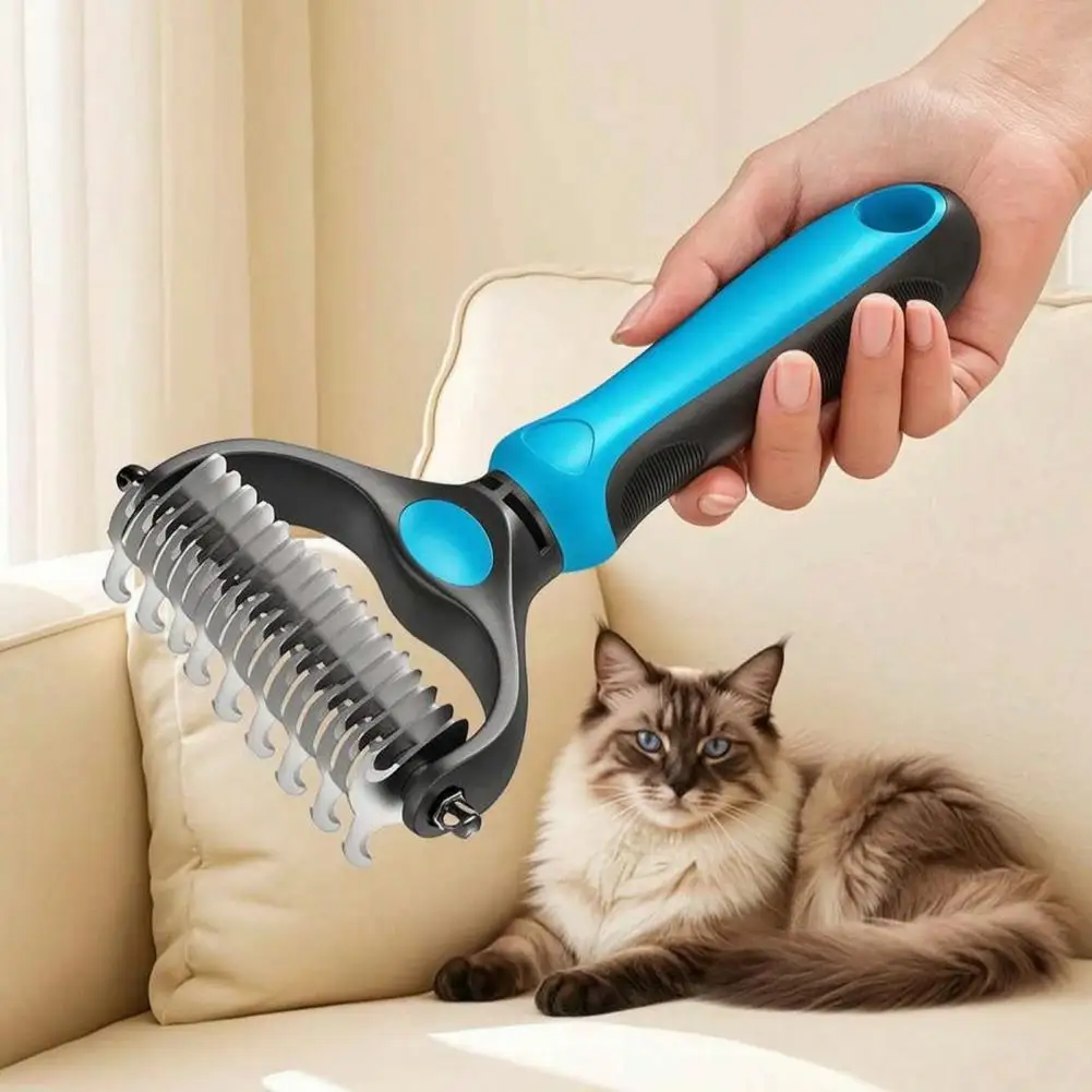 Dual Side Pet Brush Double-sided Pet Grooming Rake with Stainless Steel Blades Deshedding Dematting Tool for Dogs for Shedding