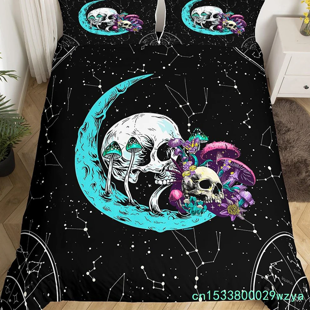 Gothic Skull Bedding Set King Queen Bohemian Skeleton Sun Duvet Cover Trippy Mushroom Comforter Cover Flower Plant Quilt Cover