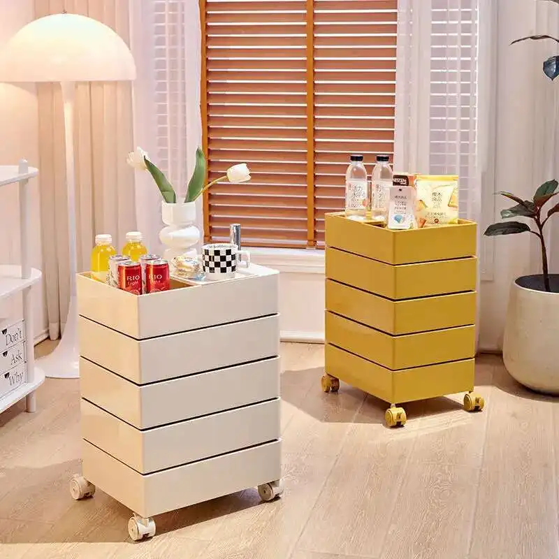 

Rolling Bedside Table with Storage Cabinet Living Room Cabinet Multi Layer Storage for Snacks Cosmetic