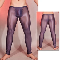 Men's Tights Glossy Thong Long Pants Skinny Underwear Summer Transparent Pantyhose Sensual Thin See Through Lingerie Clubwear