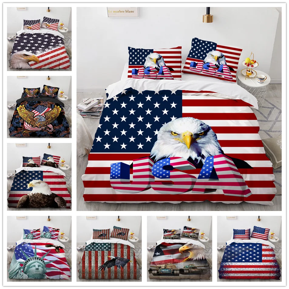 American Flag Bedding Set Bald Eagle Duvet Cover Set Patriot Flag Comforter Cover Set for Kids Teen Boys Bedroom Quilt Cover