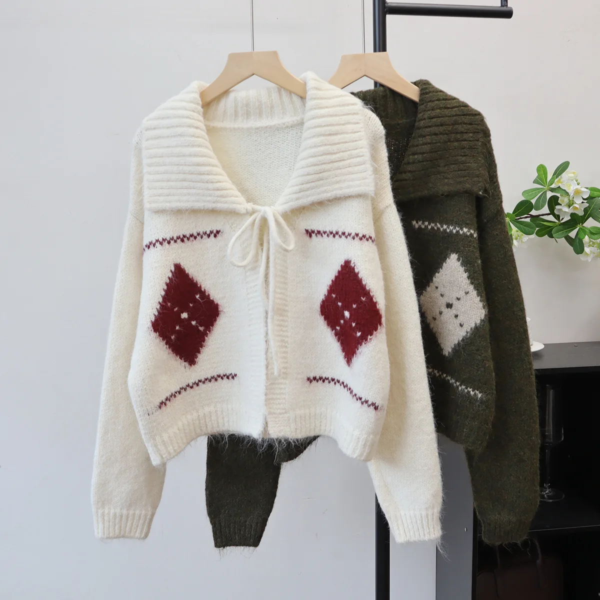 

Women Cardigan Sweaters Knitted Jumpers Argyle Lace Up Casual Turn Down Collar Long Sleeve Loose Fit Single Breasted 2025 Autumn