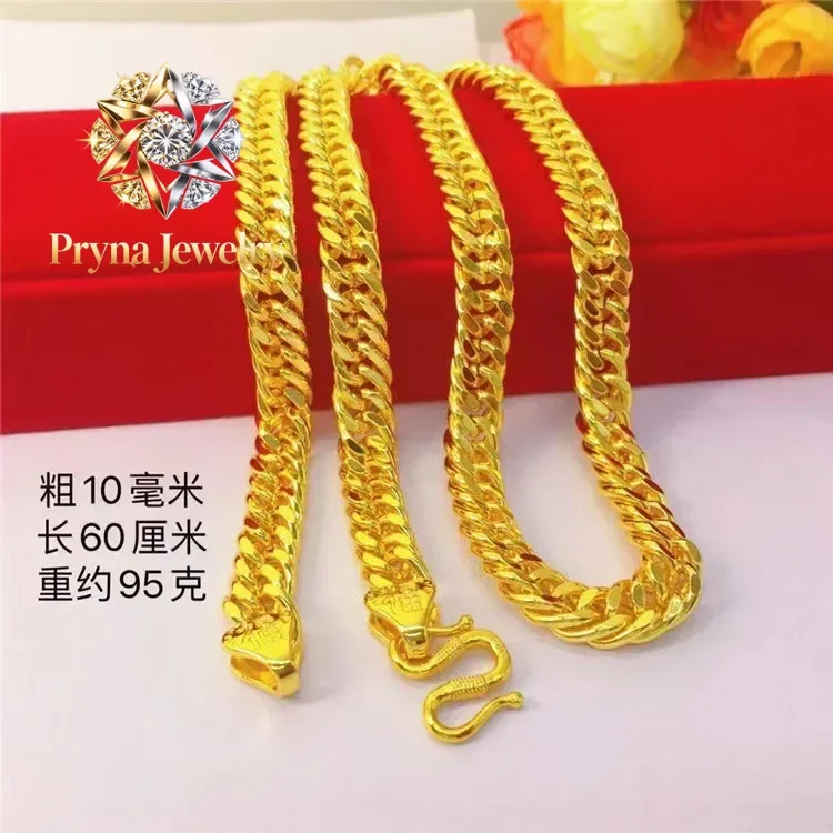 Pryna Jewelry   Unisex 24K AU999 Gold Necklace, 10MM 60CM Bold Boss Chain, Polished Twisted Sideways Neckpiece with Blessing Cla