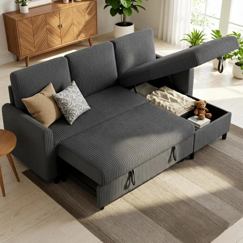 

2026：Pull Out Sleeper Bed Storage Chaise, L-Shaped Corduroy Sectional Couch, 3-Seater Convertible Sofa with Hidd
