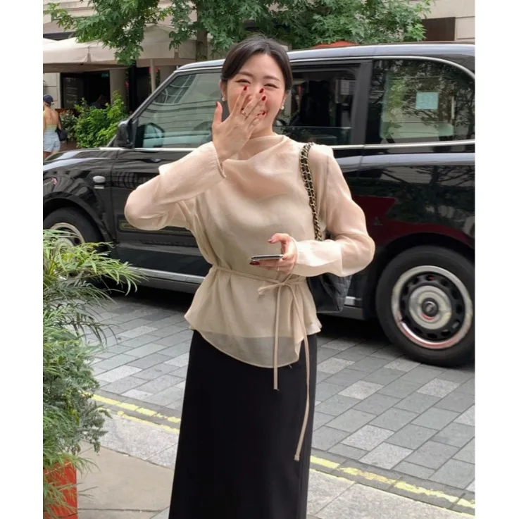 Ele f High Collar Long Sve irt Belted Slim Fit Two Piece Set Ba Button Design Korean Sle Women's Faion