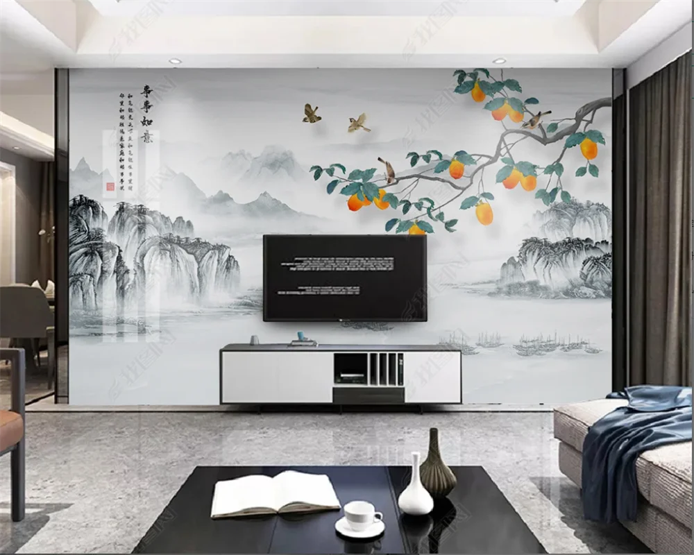 beibehang Customized modern new Chinese style hand-painted persimmon meticulous flower and bird TV background wallpaper