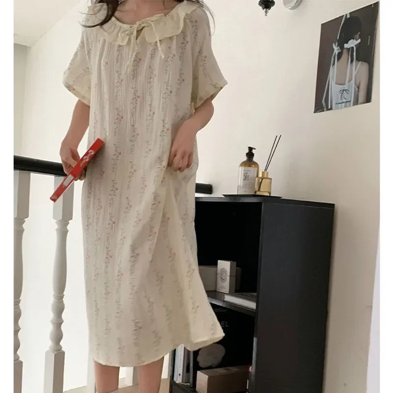 Floral Nightgown Sleepwear Women Korean Lace Summer One Piece Pajamas Dress Sleeping Short Sleeve Night Tie Home Wear 2024 New