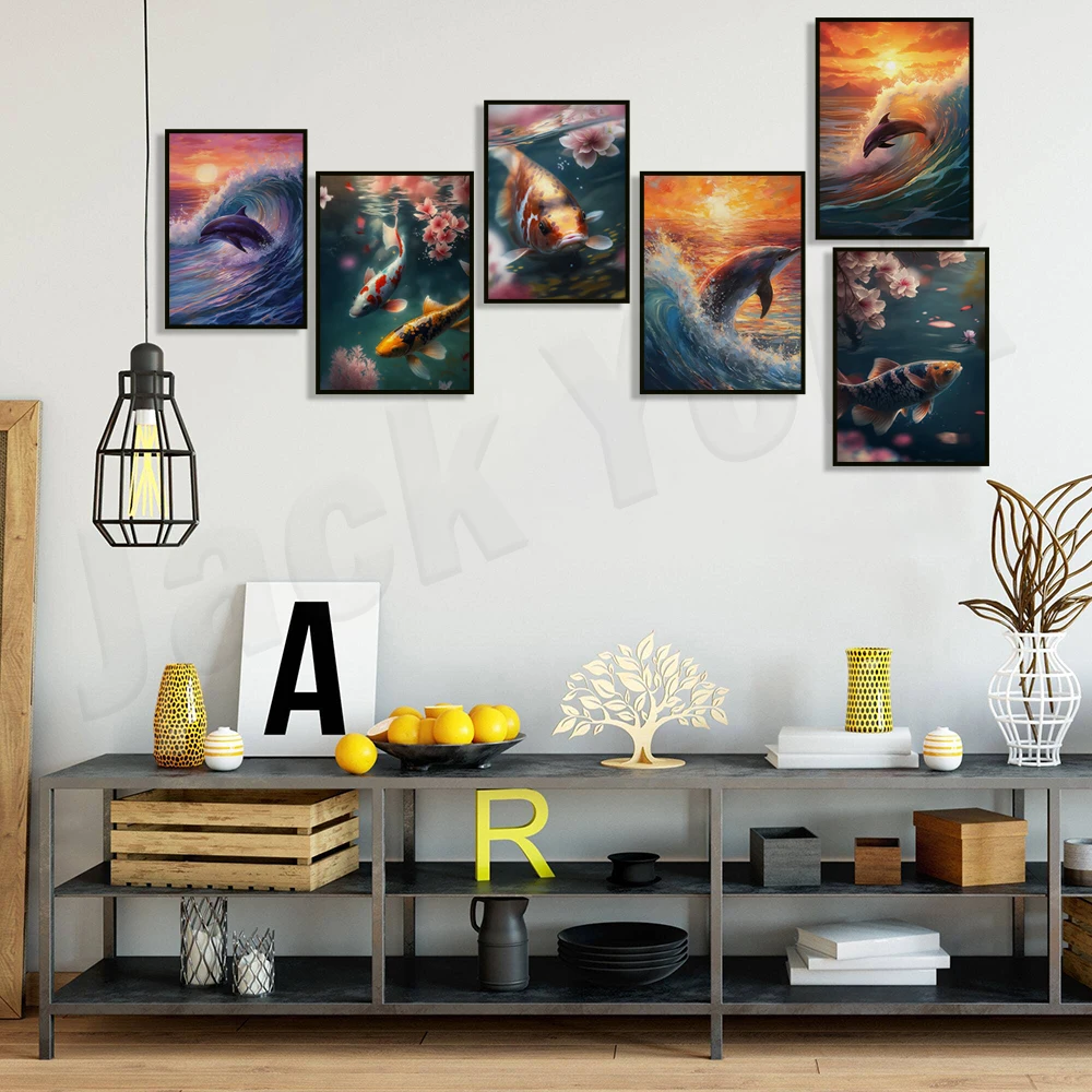 فن المناظر الطبيعية اليابانية، فن الأسماك الصفاء، اللوحة الشرقية الفن الياباني، لوحة المحيط دولفين آرت الحياة البحرية على الشاطئ جدار الفن