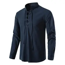 Shirt Cotton Linen Flax Tops Lace Up Long Sleeves Blouse Mens V Neck Medieval Costume Embroidery Tunic Casual Shirt