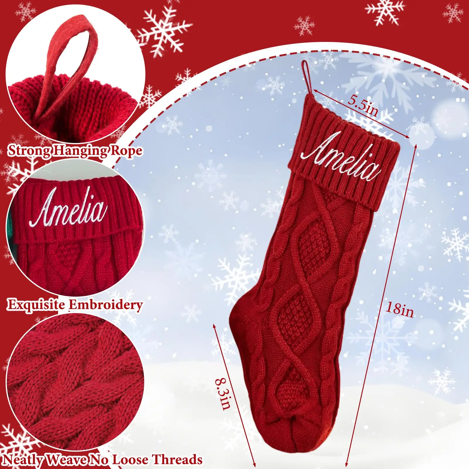 Personalized Christmas Stockings with Names, Embroidered Custom Christmas Stocking, 18” Large Knitted Xmas Stocking for