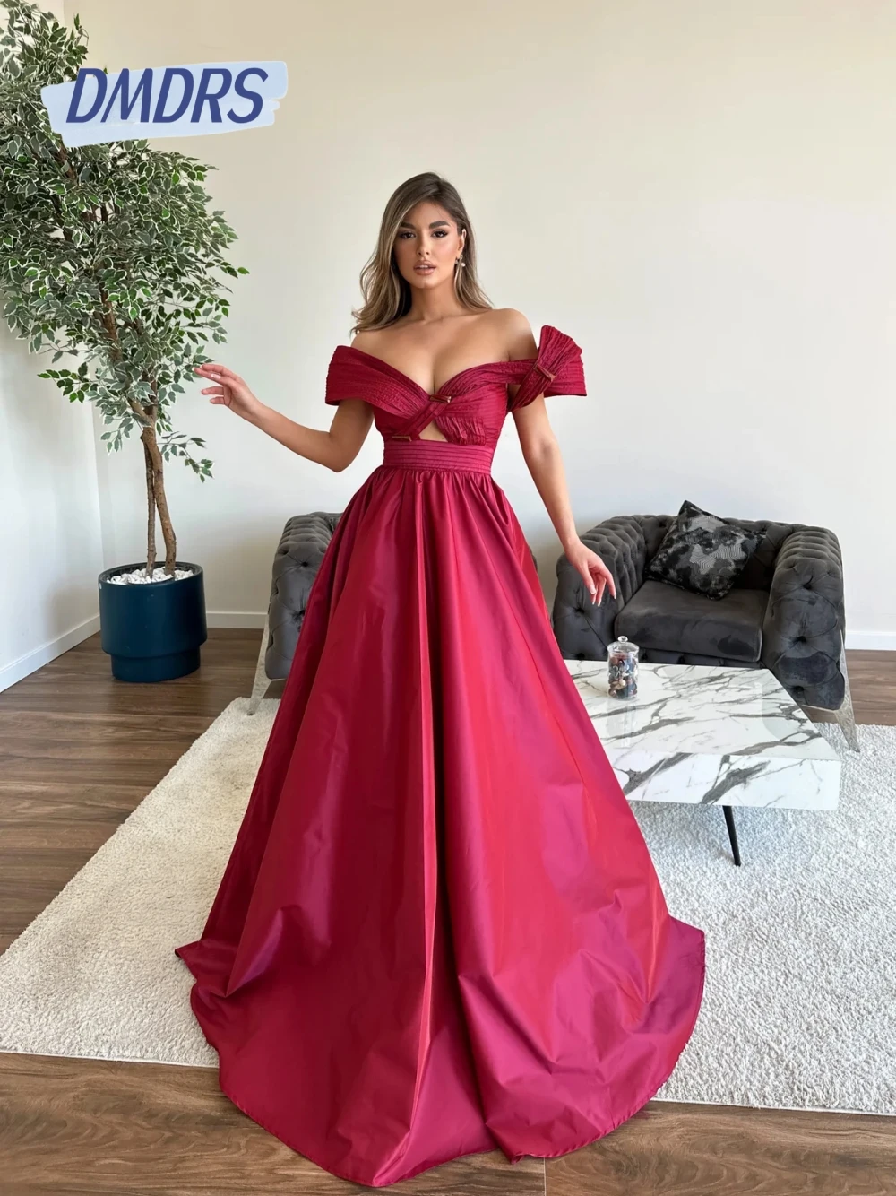 

Popular V Neck Evening Dress Graceful A Line Cut Out Simple Prom Dress Customized Women Off Shoulder Party Formal Gown