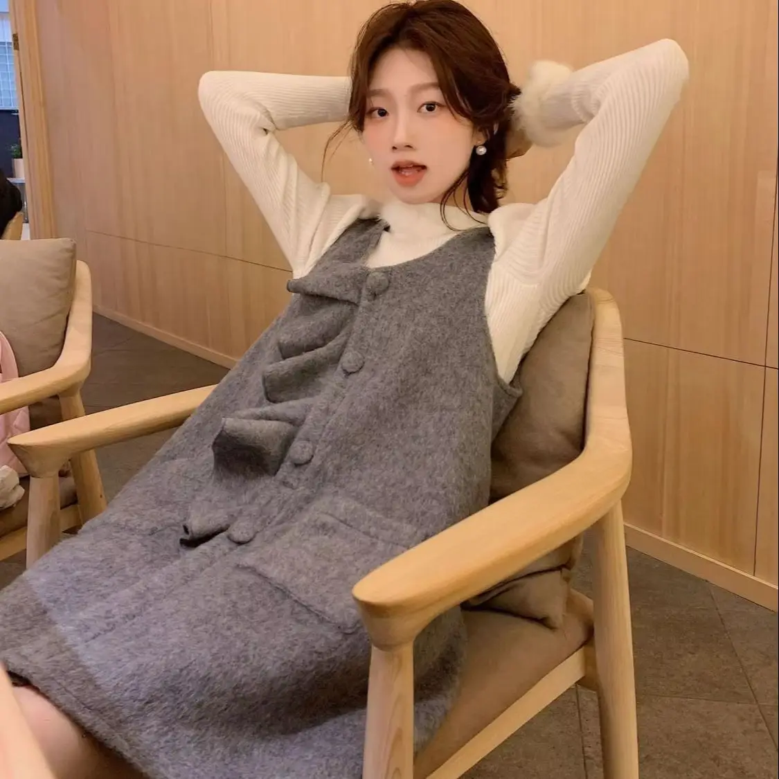 

Korea Two-Piece Set Women Spring Unique High-End Temperament Long-Sleeved Base Gray Wool Dress Set