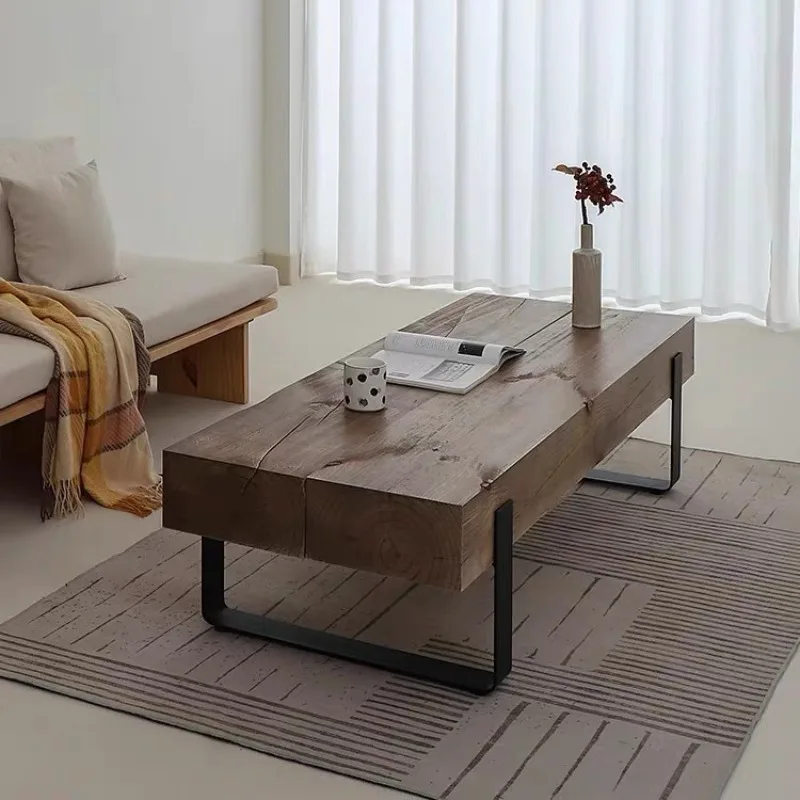 Japanese iron solid wood long coffee table combination designer square wooden strip coffee table B&B log coffee table