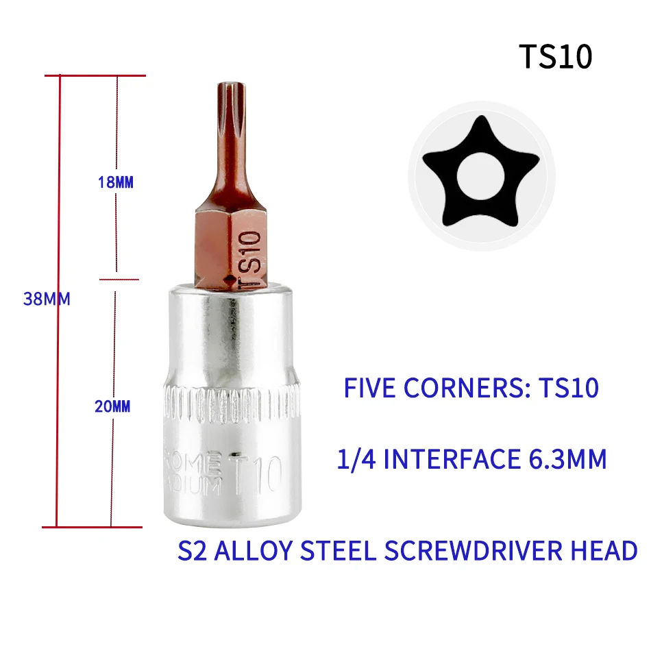 1/4 T10-T50 Star Pentalobe Screwdriver Bit Socket Set  Drive Socket Car Hand Tools Repair Kit Cr-V Steel  Power tool fittings