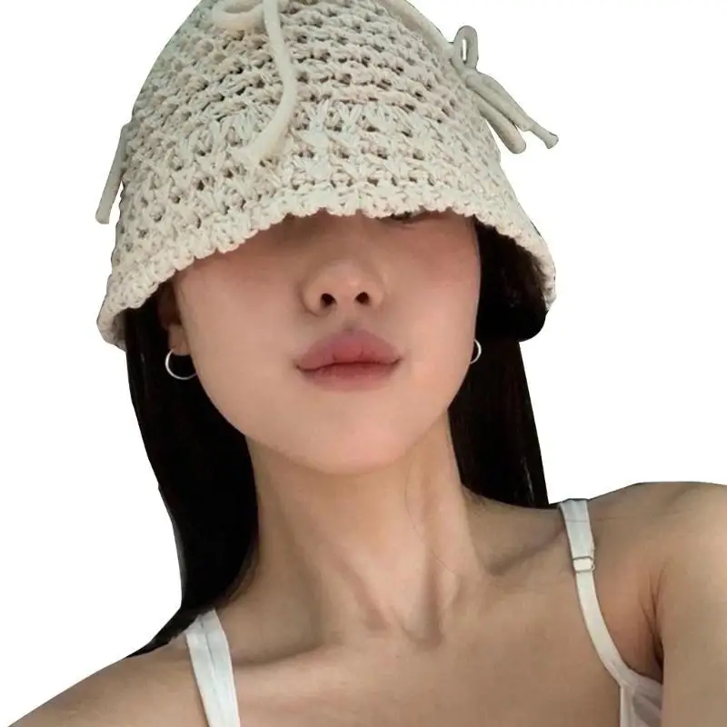 

39BB Crochet Bucket Hat for Teen Girl Breathable Spring Camping Knitted Floppy Hat