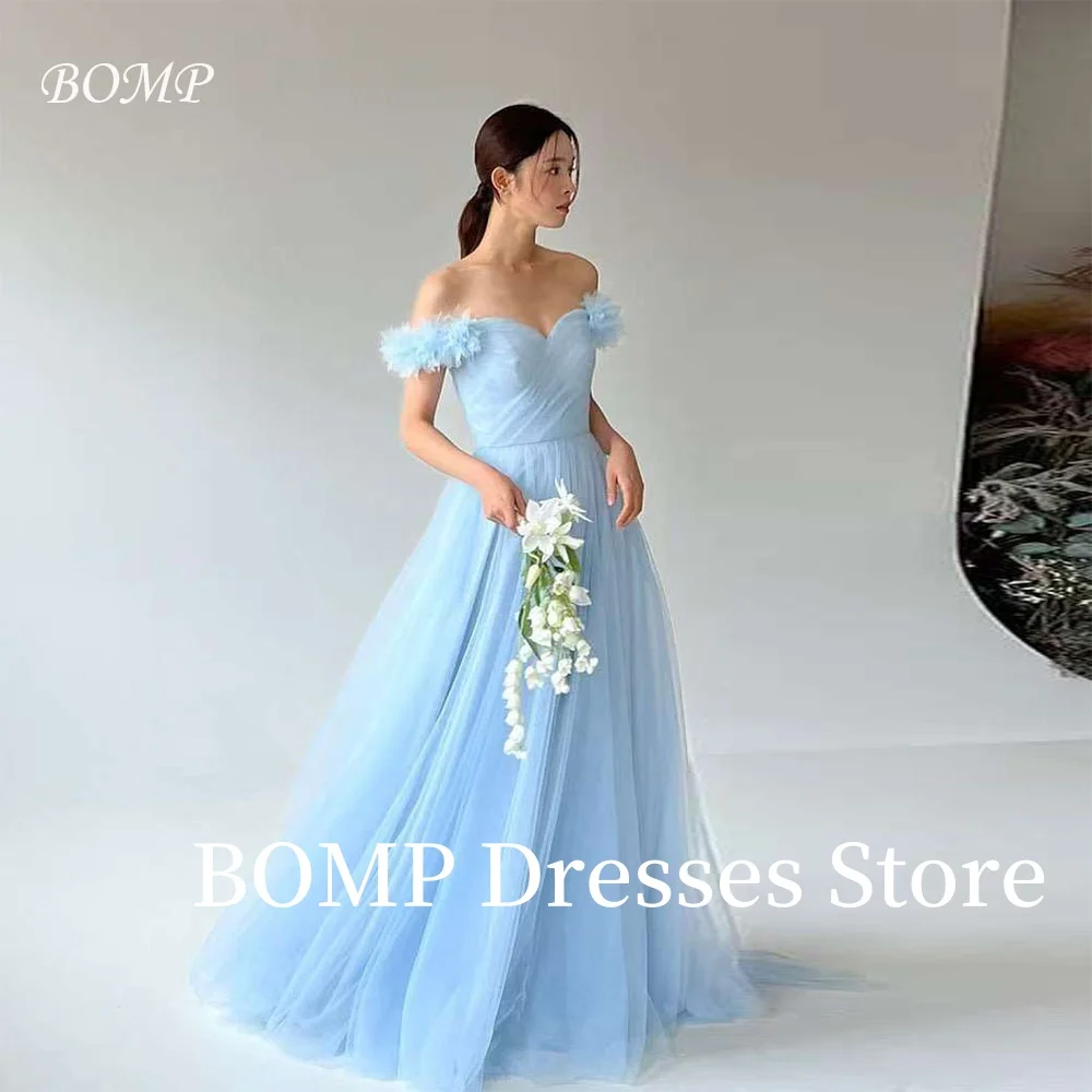 

BOMP Princess Bule Flowers Wedding Party Dress A-Line Off the Shoulder Floor Length Bridal Gown Korea Photo Shoot Customized