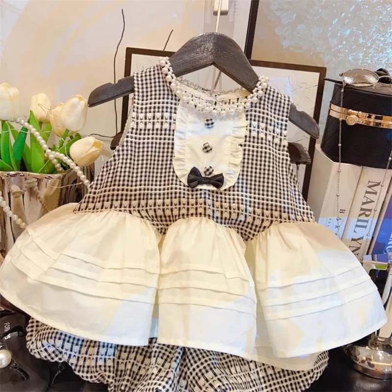 

TOY-Trendy Girls' Outfit2025New Children's Cartoon Bow Short Sleeve Plaid Bloomers Summer Two-Piece Set