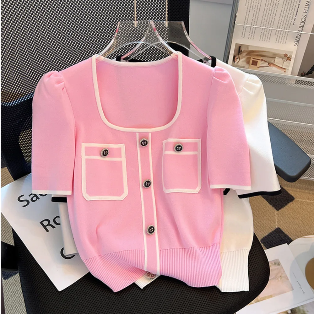 Summer Sweater Women\'s Knit T-shirt Casual Short Sleeve Woman Clothes Versatile Square Collar Lady Pullover Knitwear Tops Jumper