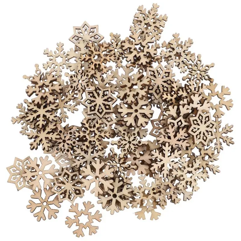 50pcs/100pcs Christmas Snowflake Wooden Pieces Wooden Cutouts Craft Christmas Snowflake Ornament Christmas Decoration For DIY