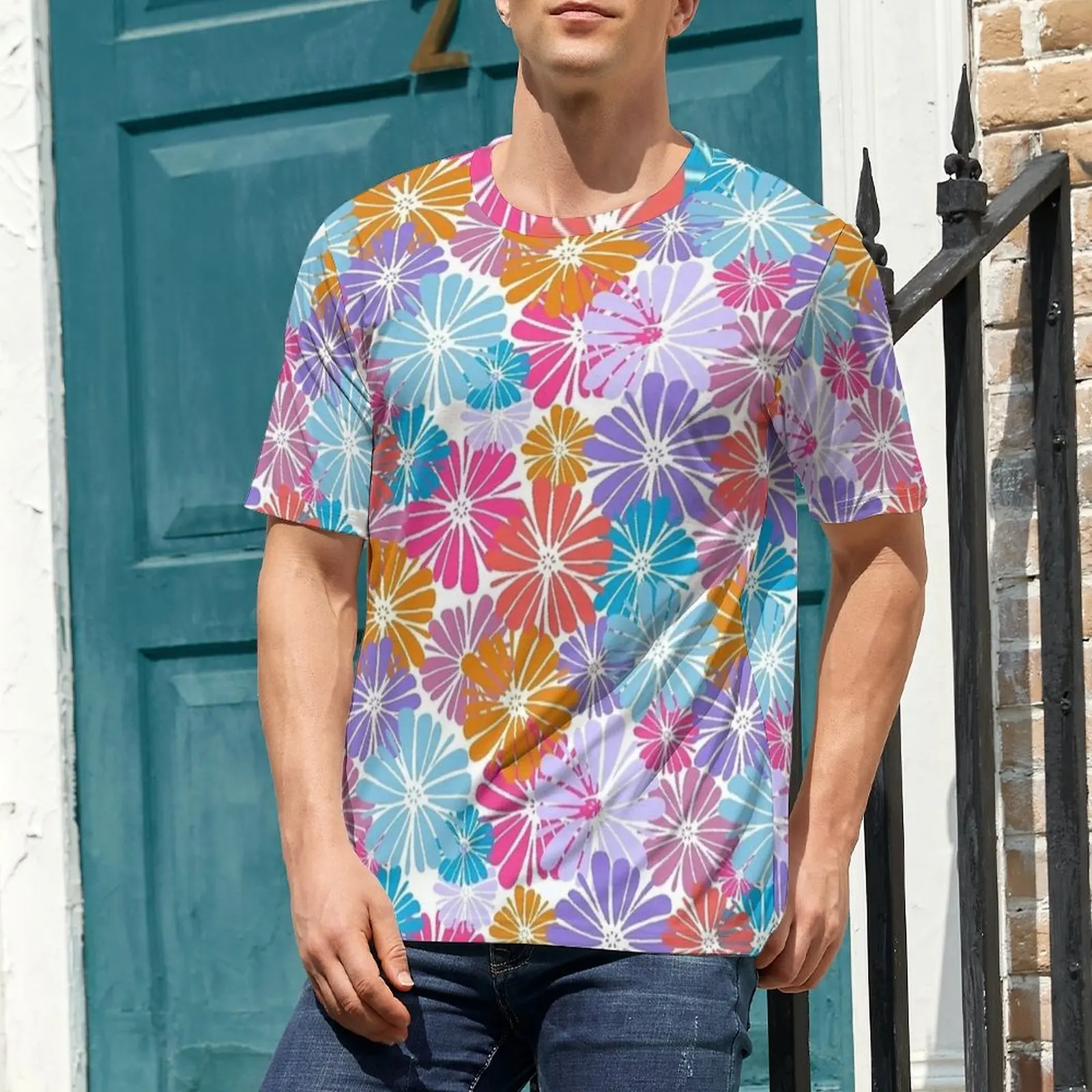 Summer T Shirt Multicolor Daisy Grid Print T Shirts  Y2K Fun Vintage Tees For Male Short Sleeve Pattern Oversized Clothes
