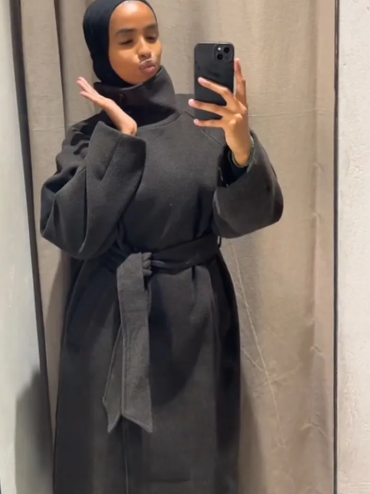 HH Women 2025 موضة الشتاء الوقوف طوق حزام معطف سترة الإناث شارع العليا عادية واحدة الصدر جيب مزين معطف طويل #1