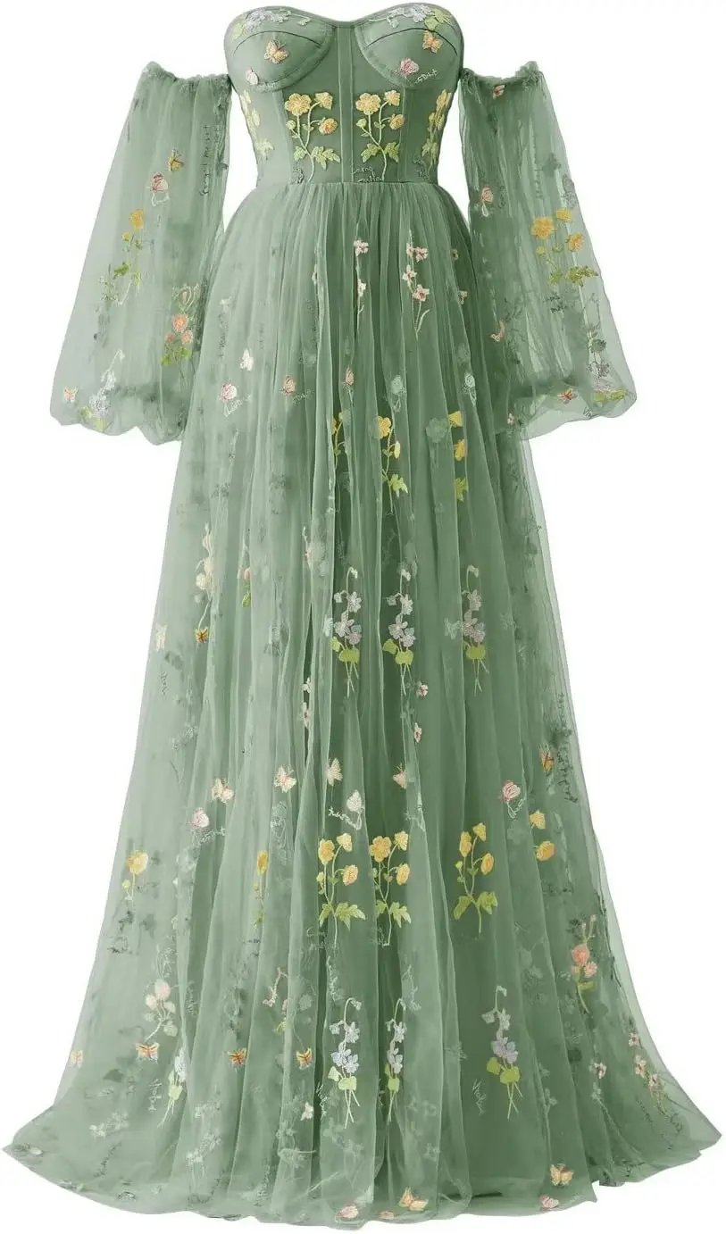 

Women's Puffy Sleeve Tulle Prom Dresses Tea Length Pink Flower Lace Formal Evening Gowns Special Occasion Dresses