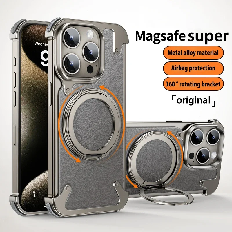 

For iPhone 15 Pro Max Case Aluminum Alloy Metal Magnetic Magsafe 360° Rotate Stand Rimless car Phone holder matte leather Cover