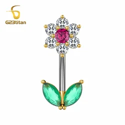 G23titan Zircon Flower Belly Button Ring Women Sexy Navel Piercing Jewelry Anti Allergic G23 Titanium Golden Accessories Ombligo