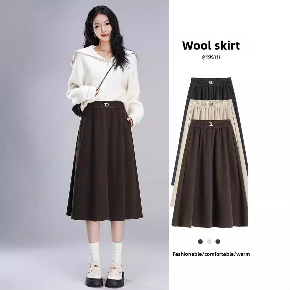 

Мини-юбка трапециевидной формы с высокой талией больших размеров для женщин, осень-зима, новый стиль, шерстяная, средней длины, универсальная для похудения