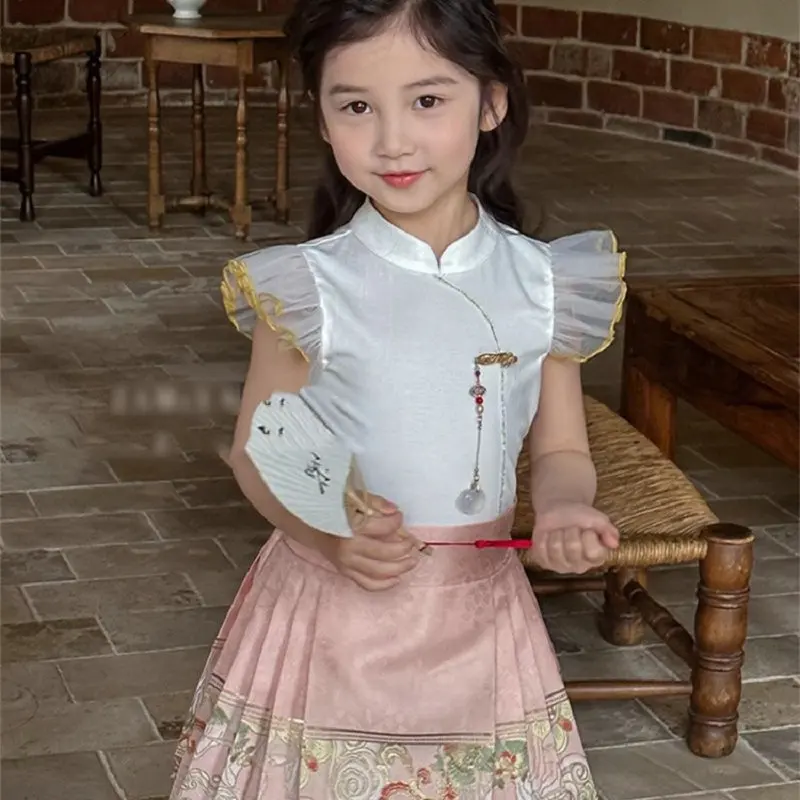 Girl's Hanfu Summer Outfit with Horsehair Skirt, Chinese Style Children's Ancient Costume, Super Fairy-Like Ancient Style for Su