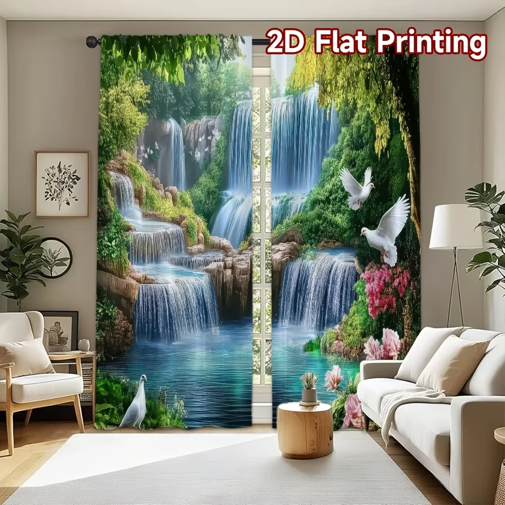 2PCS Digital Print Curtains, Forest Waterfall Scenery, Nature Landscape