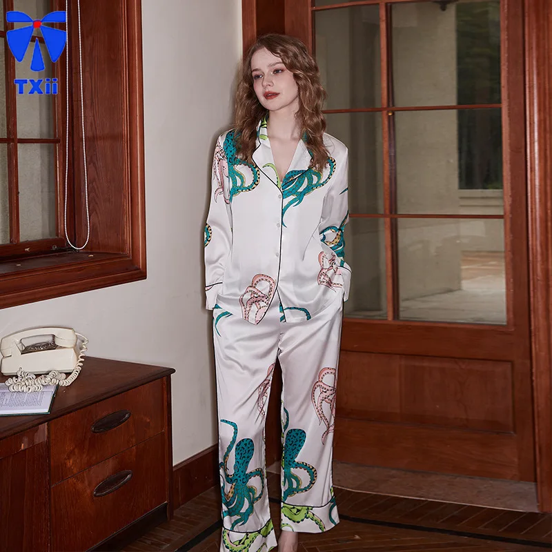 【White octopus】comfortable Ice Silk Pajamas Women High-end Sense ins Style Lapel Spring/Summer Long Sleeve Home Suit 2024 New