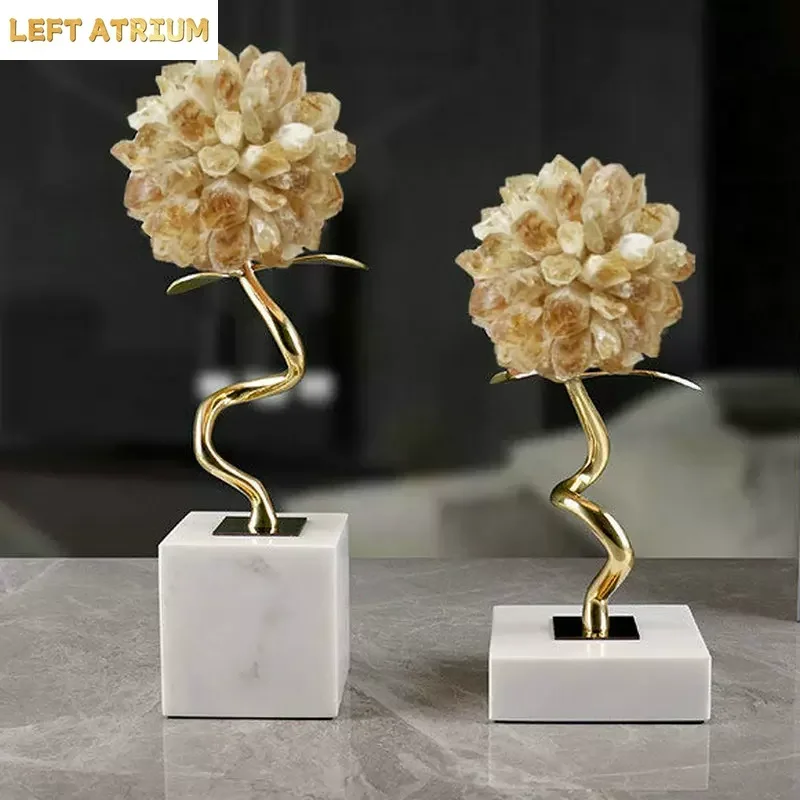 Modern Marble Base Copper Branches Leaves Crystal Flower Ball Crafts Home Livingroom Foyer Decoration Hotel Office Accessories