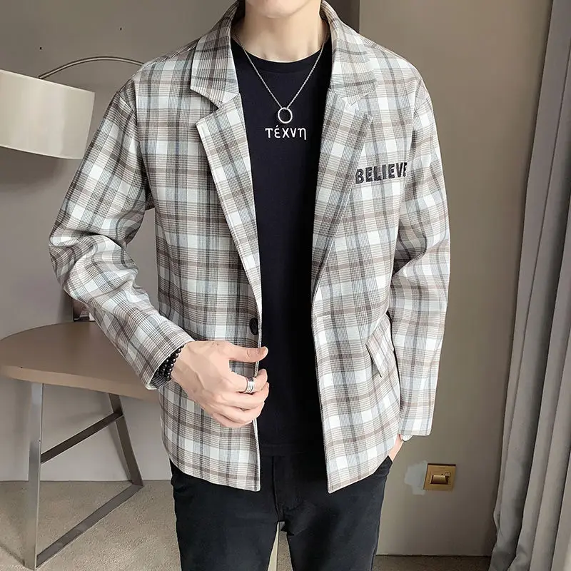 Men's Suit Jackets Stamp Printed Male Blazer Plaid Gray New in High Quality Simple Breasted Coat Elegant Fashion 2024 Casual