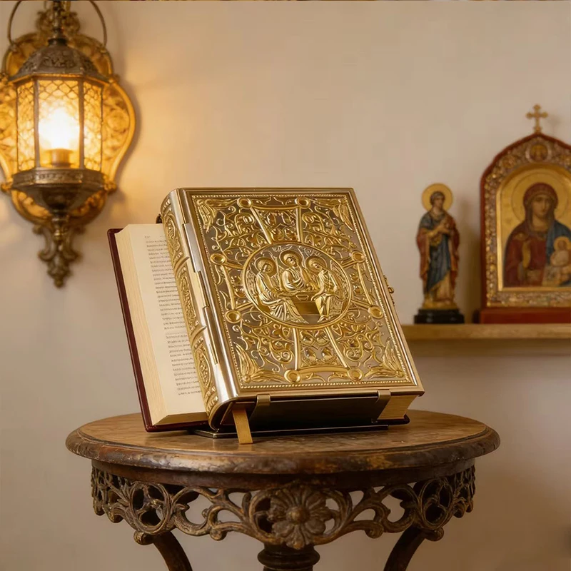 

Gold Plated Orthodox Gospel Book Cover with Enamel Holy Trinity Icon for Church Liturgy Home Altar Religious Devotion Christian