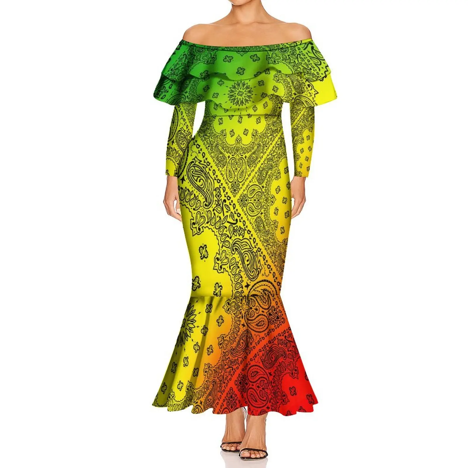 Elegante senhora havaiana de manga comprida um pescoço dupla camada babados fino fishtail vestido verão bandana padrão personalizado