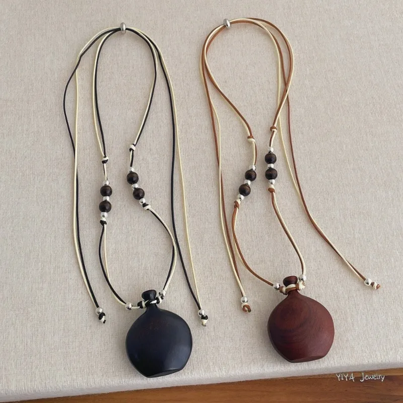 

Minar Trendy Brown Black Color Natural Wood Ebony Flagon Pendant Necklaces Double Layered Adjusting Rope Sweater Chain for Women