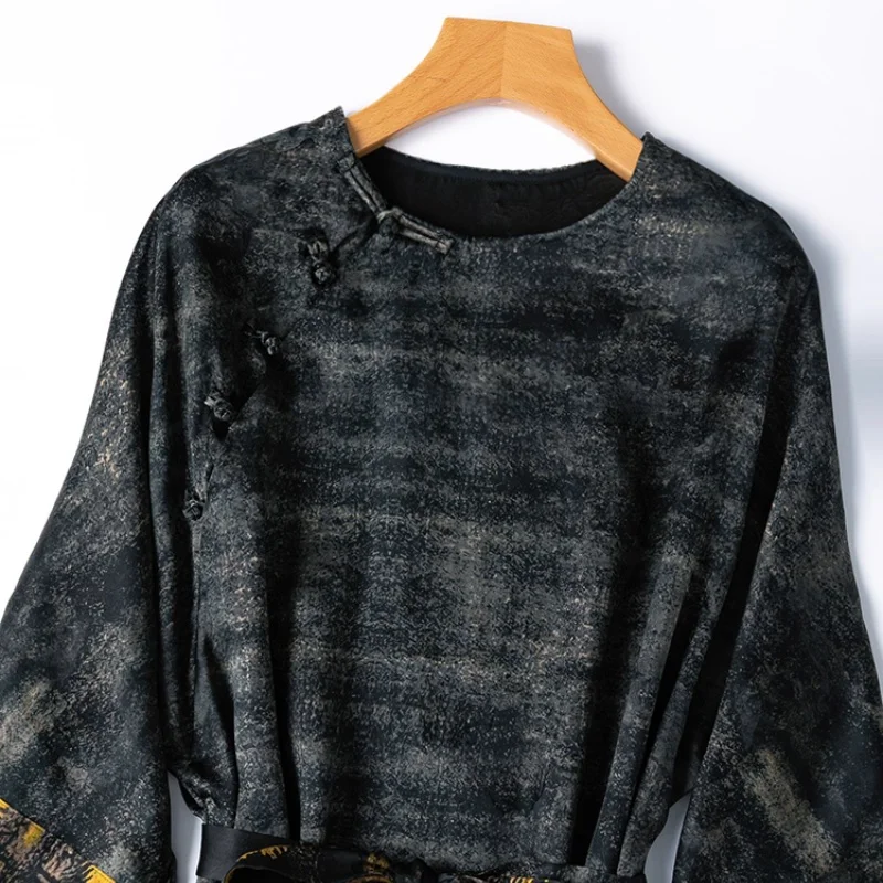 BirdTree 45MM 100% soie de mûrier noir robe dorée, femme lourd Satin col rond manches longues ceinture robes, 2025 été nouveau D57312JF