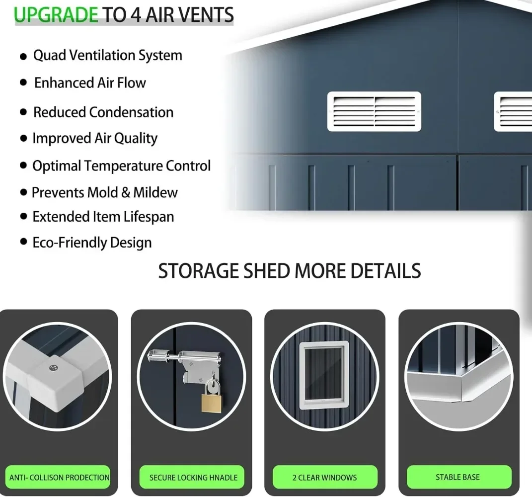 10X12X7.5 FT Outdoor Steel Storage Shed with Lockable Doors, 2 Windows, Transparent Roof Panels, Metal Frame Floor