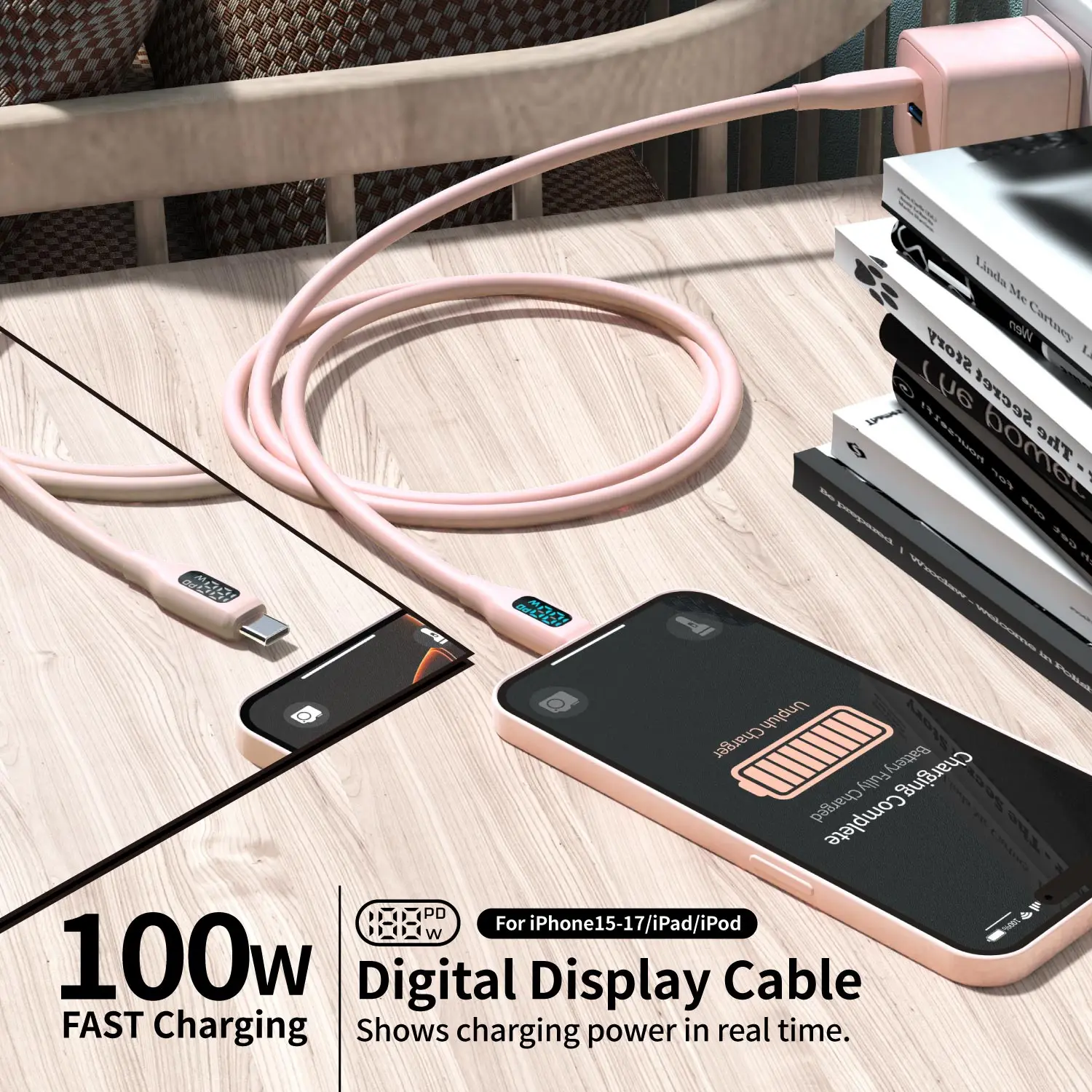 100W USB C Fast Charging Cable , Super Flexible Silicone Charger Cable Pink, for Phone Tablet Laptop