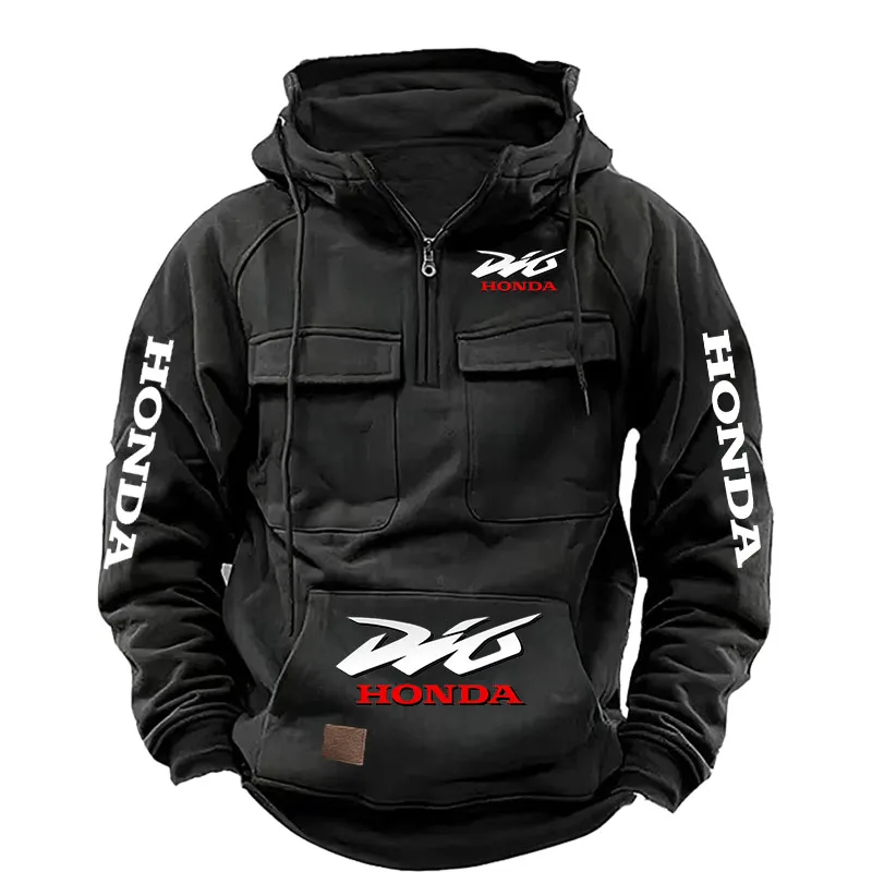 Honda  Men's Muscle Movement Workwear Style Spring-Autumn New Model Fashion Solid Color Multi-Pocket Long-Sleeved Hooded Sweatsh