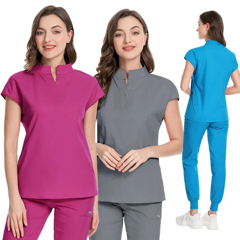 แฟชั่น SLIM FIT Stand-up COLLAR Tops ฤดูร้อน Lab Overalls ขัดเสื้อผ้าผู้หญิง Beauty Salon ชุดยืดหยุ่น Breathable ชุดพยาบาล