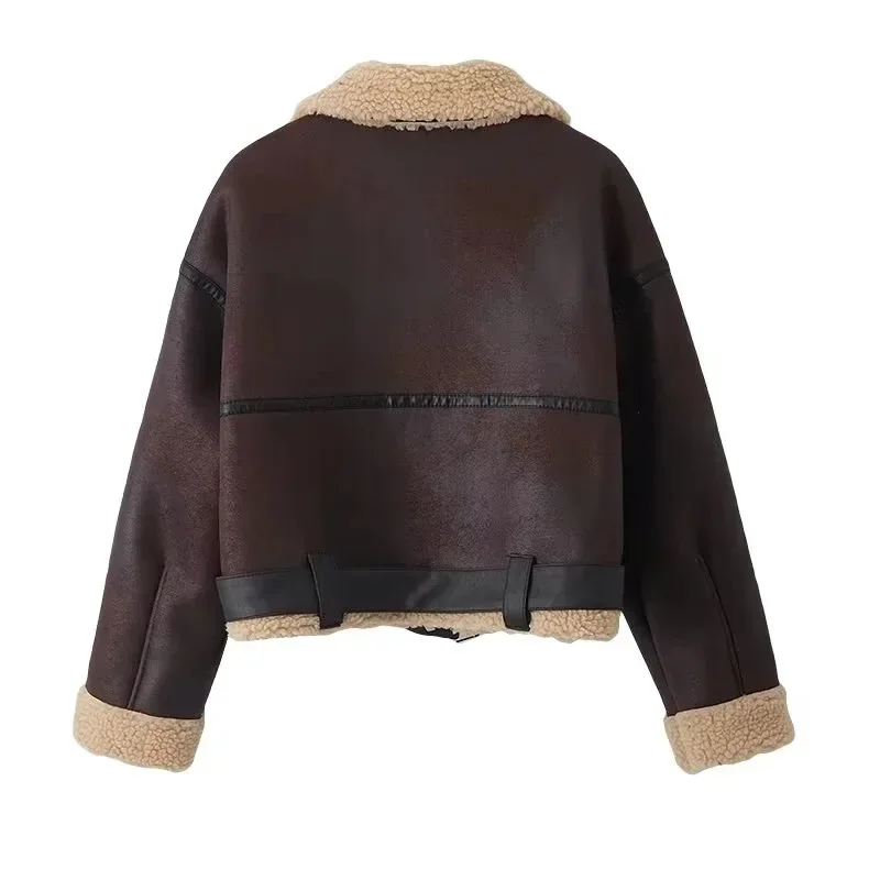 2023 Spring Autumn Women Fur Loose Belt Warm Jacket Lamb Wool Thickened Locomotive Lapel Female Coat Brown Chic Outwear